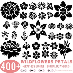 400+ Wildflowers silhouette petals svg bundle | botanical line art svg dxf | floral cricut cut files | minimalist flower clipart