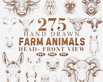 275 SVG-bestanden met gezichten van boerderijdieren voor lasergraveren, handgetekende portretten van vee van voren gezien, Glowforge CNC-bestand