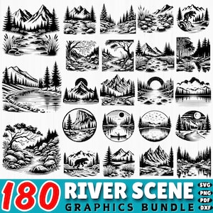 180 River Scene Svg | Nature Landscape Dxf Bundle | Mountain River Clipart | Outdoor Cricut Cut Files | Commercial Use