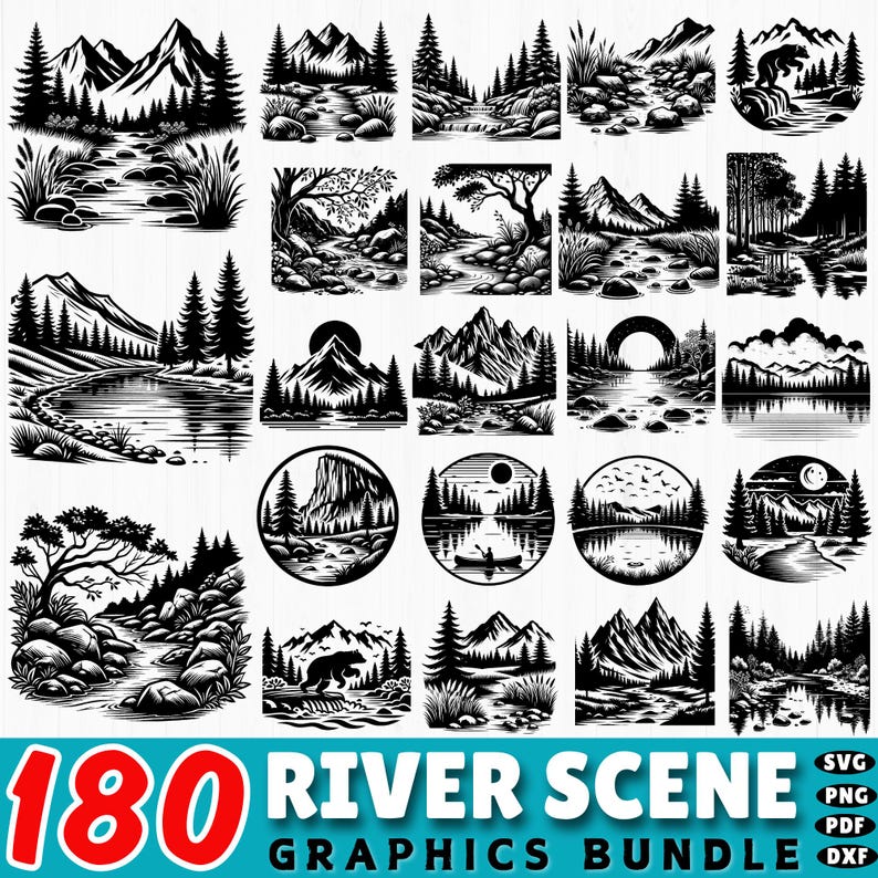 River Scene SVG Bundle: Nature Landscape Clipart, Cricut Cut Files - Etsy