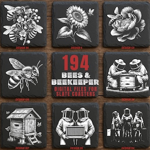 Könnte beinhalten: Eine Sammlung quadratischer Schieferuntersetzer mit weißen Illustrationen von Bienen, Blumen und Imkereimotiven. Designs umfassen Bienen auf Blumen, eine Sonnenblume, eine Biene auf einer Pfingstrose und Imker. Der Text "194 Bees & Beekeeper" ist ebenfalls vorhanden.
