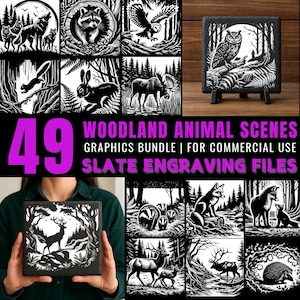 49 Woodland Animal Scene PNG Bundle | Slate Engraving File for Laser Engraving | Rustic Wildlife Forest Clipart | Commercial Use Digital Art