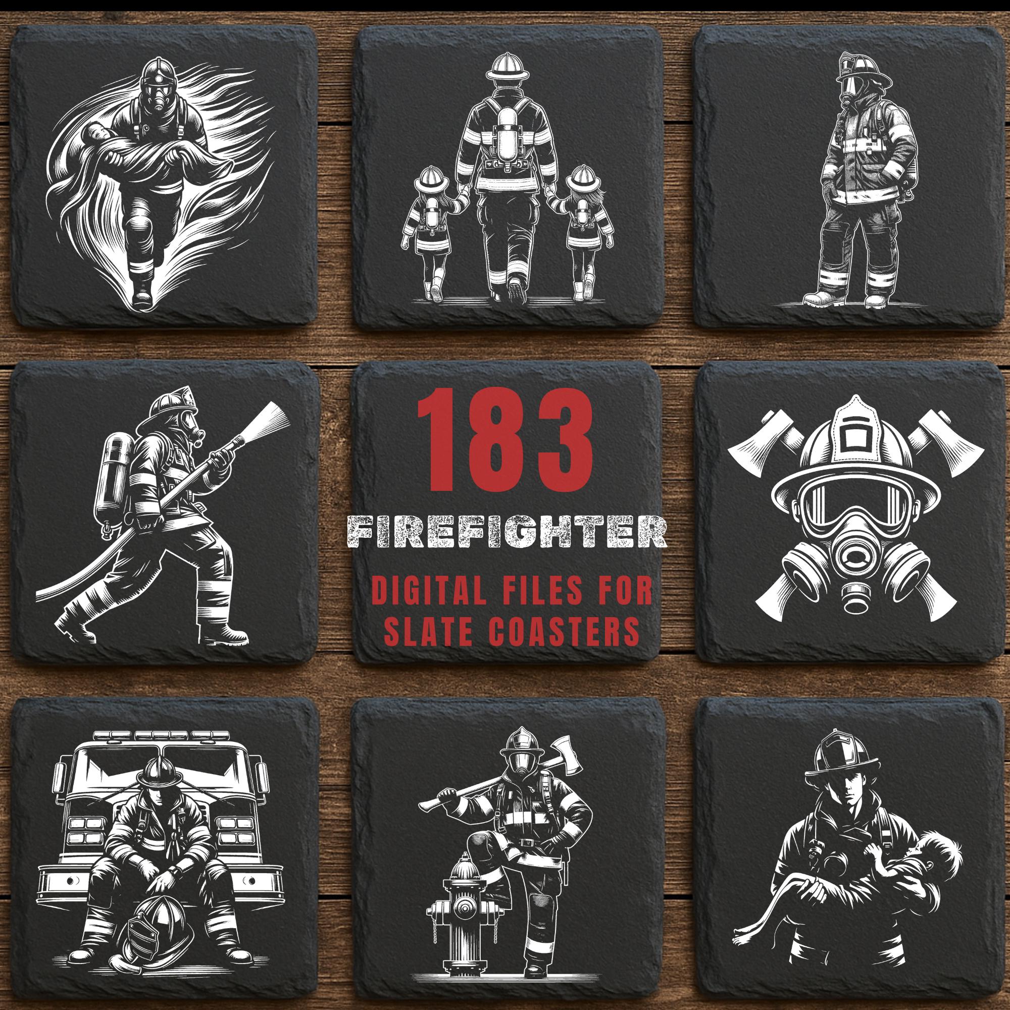 183 Fire Fighter Slate Engraving Design: Heroic Fireman Line Art ...