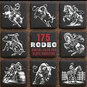 May include: Nine square slate coasters with rodeo-themed illustrations in white against a black background. The designs include cowboys riding bulls and horses, and the text "175 RODEO DIGITAL FILES FOR SLATE COASTERS" in red and white.
