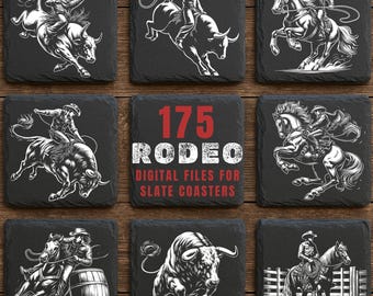 Könnte beinhalten: Neun quadratische Schieferuntersetzer mit Rodeo-Illustrationen in Weiß auf schwarzem Hintergrund. Die Designs zeigen Cowboys, die auf Bullen und Pferden reiten, sowie den Text "175 RODEO DIGITAL FILES FOR SLATE COASTERS" in Rot und Weiß.