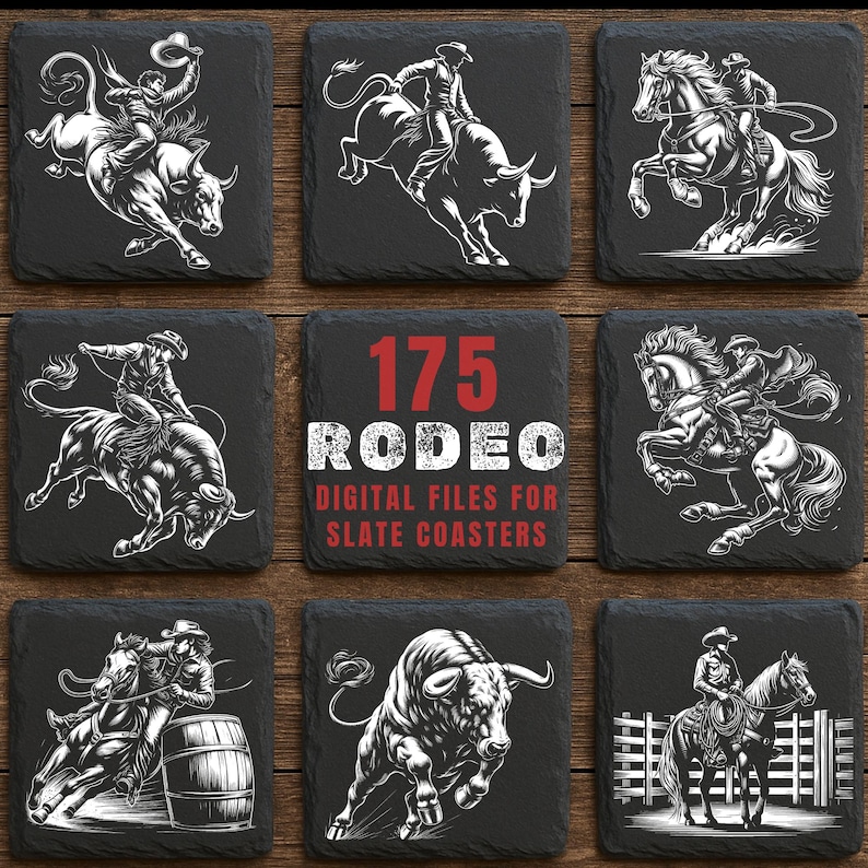 May include: Nine square slate coasters with rodeo-themed illustrations in white against a black background. The designs include cowboys riding bulls and horses, and the text "175 RODEO DIGITAL FILES FOR SLATE COASTERS" in red and white.