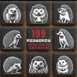 May include: Nine square slate coasters with detailed black and white hedgehog illustrations. The coasters feature various hedgehog poses and expressions. The center coaster has the text "199 HEDGEHOG DIGITAL FILES FOR SLATE COASTERS" in red and white.
