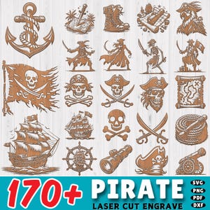 Pode incluir: Uma coleção de mais de 170 arquivos SVG, PNG, PDF e DXF com tema pirata para corte e gravação a laser. As imagens incluem um navio pirata, caveira e ossos cruzados, uma bandeira pirata, um capitão pirata, um baú do tesouro e muito mais.