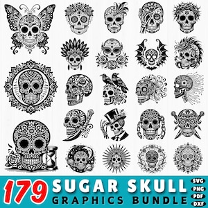 179 Sugar Skull SVG Bundle | Day of the Dead Cut Files | Calavera SVG Clipart | Halloween Skull DXF for Cricut | Commercial Use