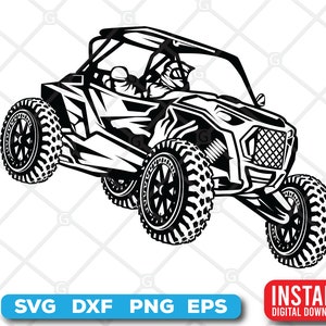 May include: Black and white silhouette of a side view of a  off-road vehicle with a driver. The vehicle has a roll cage and large tires.