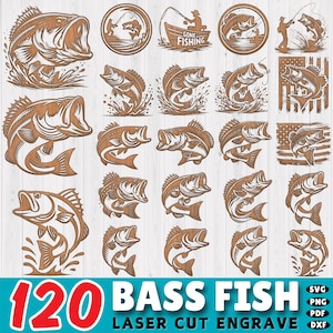 Peut inclure: 120 fichiers de découpe laser Bass Fish SVG, PNG, PDF, DXF. L'image montre une variété de motifs de poissons de basse, y compris un poisson sautant hors de l'eau, un poisson avec un leurre de pêche dans la bouche et un poisson nageant en cercle.