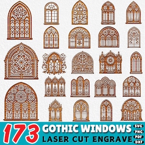 Puede incluir: Una colección de 173 diseños de ventanas góticas grabadas con láser. Las ventanas son de madera y presentan patrones y formas intrincados. La imagen incluye varios estilos de ventanas, incluyendo diseños arqueados, rectangulares y circulares.