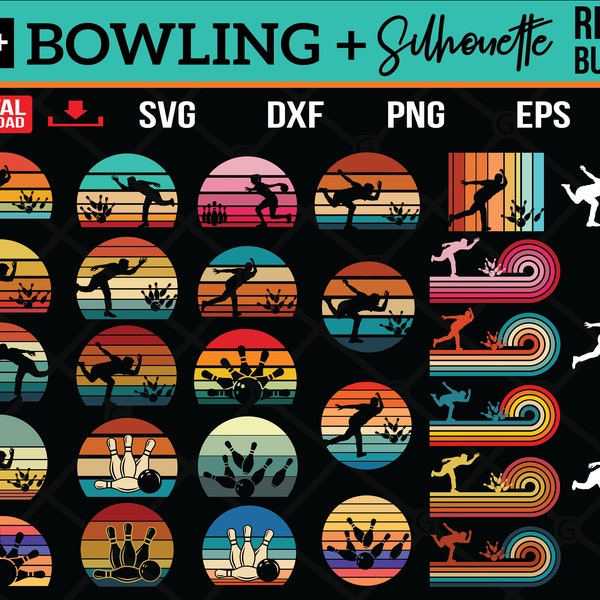 Bowling SVG - Bowling Retro Sunset bundle - digital download