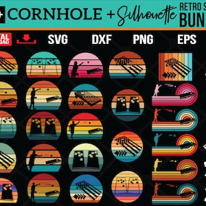 Cornhole svg - Cornhole png  - Cornhole Retro sunset  Bundle with Silhouette - Digital download