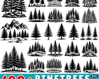 May include: A selection of black and white pine tree illustrations. The image features individual trees, groups of trees, and mountain landscapes. The text at the bottom says "160+ PINETREES GRAPHICS BUNDLE" with file type icons.