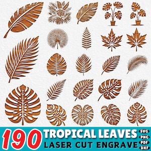 May include: A collection of 20 wooden tropical leaf designs, laser cut and engraved. The leaves vary in shape and size, with detailed veining. The image includes the text "190 TROPICAL LEAVES LASER CUT ENGRAVE" in red and blue.