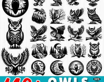 Pakiet SVG z sową: ponad 140 clipartów z leśną sową, projekty sylwetkowe (do użytku komercyjnego, do pobrania w wersji cyfrowej)