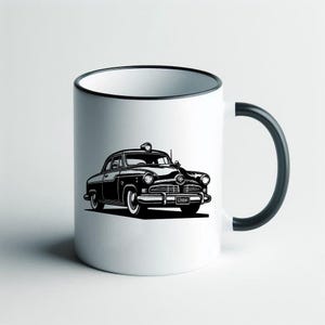 May include: White ceramic mug with a black rim and handle. The mug features a black and white illustration of a classic vintage car. The car has a license plate that reads "53X841".