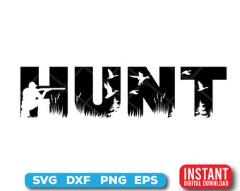 Könnte beinhalten: Schwarze und weiße Silhouette eines Jägers mit einer Waffe, fliegende Enten und das Wort "HUNT" in großen Buchstaben.