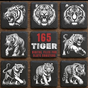 May include: Nine black slate coasters with white tiger illustrations. The coasters feature various tiger poses, including roaring faces and full body depictions. The center coaster has the text "165 TIGER DIGITAL FILES FOR SLATE COASTERS."