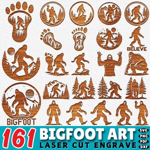May include: A collection of 161 Bigfoot art designs in various poses and settings, laser cut and engraved. The designs include Bigfoot footprints, silhouettes, and scenes with trees and mountains. The text "BIGFOOT ART" and "LASER CUT ENGRAVE" are also included.