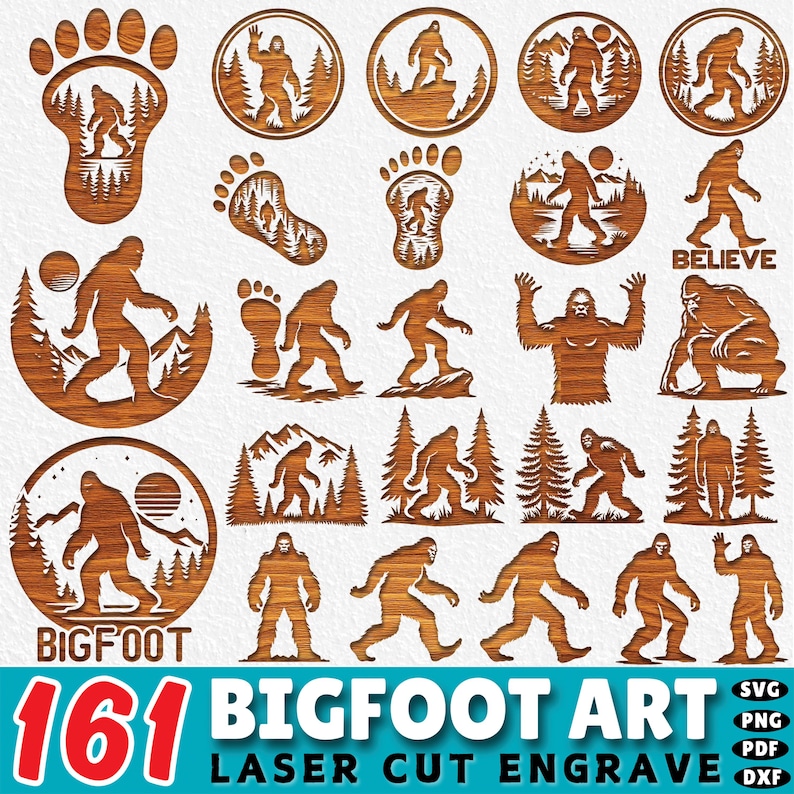 May include: A collection of 161 Bigfoot art designs in various poses and settings, laser cut and engraved. The designs include Bigfoot footprints, silhouettes, and scenes with trees and mountains. The text "BIGFOOT ART" and "LASER CUT ENGRAVE" are also included.