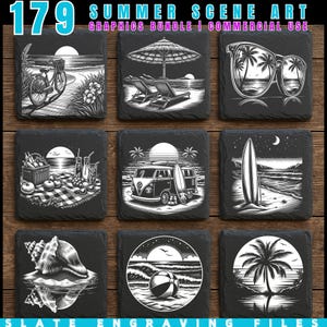 Op de afbeelding: Een set van negen zwarte leistenen onderzetters met gegraveerde zomerkunst. Ontwerpen omvatten een fiets op een promenade, strandstoelen onder een parasol, zonnebrillen met uitzicht op het strand, een picknick, een busje met een surfplank, een surfplank op het strand, een zeeschelp.