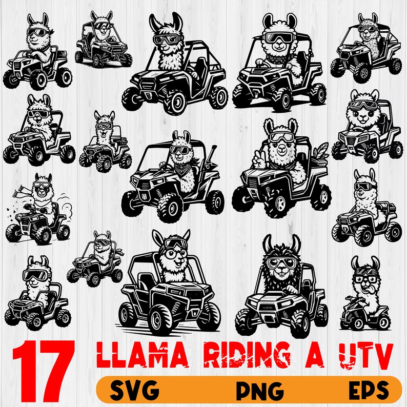 May include: A set of 17 black and white digital illustrations of llamas riding utility terrain vehicles (UTVs). The illustrations are in a cartoon style and feature llamas wearing sunglasses and driving the UTVs.
