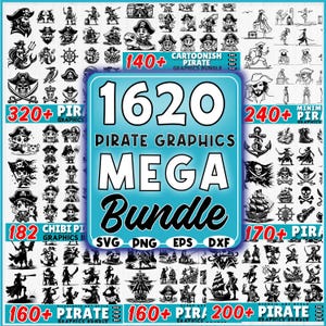 May include: A digital download bundle of 1620 pirate graphics, including cartoonish, chibi, minimalist, and silhouette styles. The bundle includes SVG, PNG, EPS, and DXF file formats.