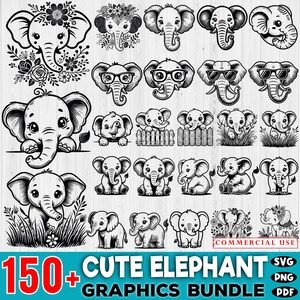 May include: A digital download of 150+ cute elephant graphics in black and white. The graphics feature elephants in various poses, including standing, sitting, and walking. The graphics are perfect for use in crafting, scrapbooking, and other creative projects.