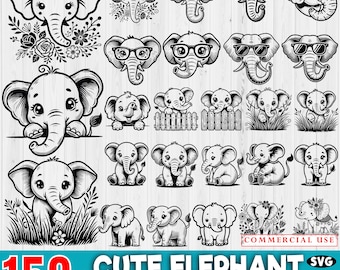 Pacchetto di oltre 150 simpatici elefantini in formato SVG / File di taglio per elefantini / Disegni per Cricut e Silhouette / Uso commerciale / Download digitale immediato
