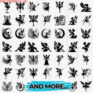 May include: A collection of 40 black and white silhouette images of fairies in various poses. The images include fairies with wings, fairies with flowers, fairies with wands, and fairies with stars. The text "AND MORE..." is at the bottom of the image.