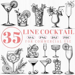 35 Cocktail Glass Svg | Line Art Drink Dxf Bundle | Bar Alcohol Cut File | Minimalist Cocktail Clipart
