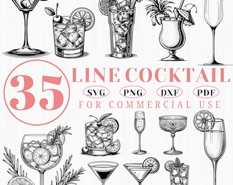 35 Cocktail Glass Svg | Line Art Drink Dxf Bundle | Bar Alcohol Cut File | Minimalist Cocktail Clipart