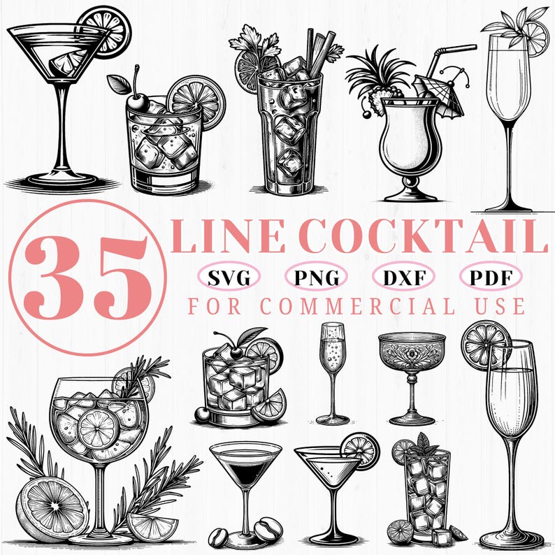 35 Cocktail Glass Svg | Line Art Drink Dxf Bundle | Bar Alcohol Cut ...