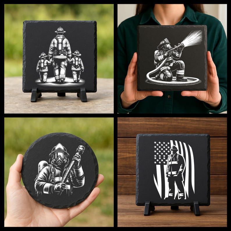 183 Fire Fighter Slate Engraving Design: Heroic Fireman Line Art ...