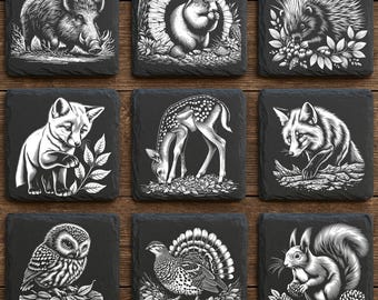 Woodland Animal Slate Coaster PNG Bundle: Engraving Files (Digital Download