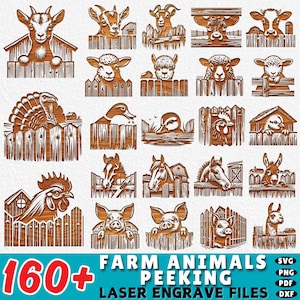 May include: A collection of laser-engraved farm animal designs, including goats, sheep, ducks, horses, and pigs, peeking over fences and out of barns. The image includes the text "160+ Farm Animals Peeking Laser Engrave Files" with file type icons.
