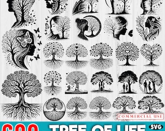 Könnte beinhalten: Eine Sammlung von über 600 Schwarzweiß-Grafiken von Lebensbäumen. Die Grafiken zeigen verschiedene Stile von Bäumen mit Wurzeln, Ästen und Blättern. Die Grafiken eignen sich perfekt für die Verwendung in Bastelarbeiten, Scrapbooking und anderen kreativen Projekten.