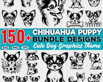 Könnte beinhalten: Ein digitaler Download von über 150 Schwarzweiß-Vektorillustrationen von Chihuahua-Welpen in verschiedenen Posen. Der Text "Chihuahua Puppy Bundle Designs" und "Cute Dog Graphics Theme" wird auf einem blau-weißen Hintergrund angezeigt. Die Dateiformate SVG, PNG und EPS sind unter dem Text aufgeführt.