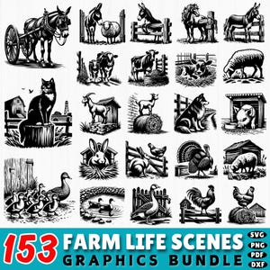 153 Farm Life SVG Bundle | Barn Tractor Cow Rooster DXF | Rustic Country Scene Clipart | Farmhouse Cricut Cut Files | Rural SVG for Crafts