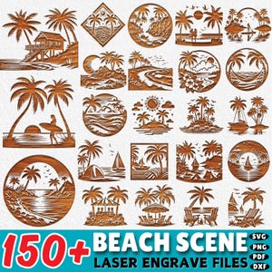 May include: A selection of laser-engraved beach scene designs, including palm trees, sunsets, sailboats, and beach houses. The designs are in various shapes, such as circles and squares. The image includes the text "150+ BEACH SCENE LASER ENGRAVE FILES".