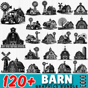 120+ Barn SVG Bundle | Farmhouse Cut Files | Barn Silhouette, Tractor, Windmill | Cricut & Silhouette Compatible | Instant Download