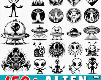 150+ Alien Svg Bundle | Funny UFO Dxf Cut Files | Extraterrestrial Space Alien Clipart | Cricut Alien Face SVG Set