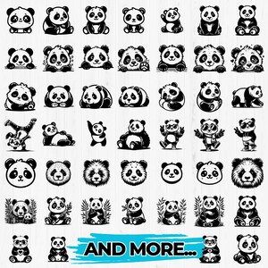 May include: A selection of black and white panda bear illustrations in different poses. Some pandas are sitting, standing, or wearing sunglasses. The phrase "AND MORE..." is written in blue text at the bottom.