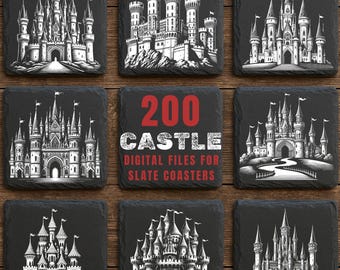 May include: Nine black slate coasters with white castle illustrations. The coasters feature various castle designs, including detailed turrets, towers, and arched entrances. The center coaster has the text "200 CASTLE DIGITAL FILES FOR SLATE COASTERS" in red and white.