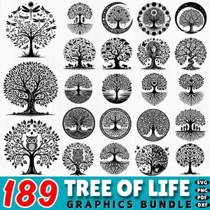 May include: A collection of 189 Tree of Life graphics in various styles. The black and white designs include trees with intricate branches, animals, and celestial elements. The image also includes the text "189 TREE OF LIFE GRAPHICS BUNDLE" in white and red.