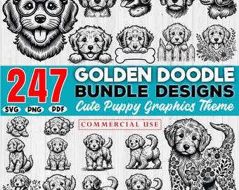 May include: A set of 247 black and white illustrations of Golden Doodle puppies in various poses. The illustrations are perfect for creating digital or physical products such as t-shirts, mugs, stickers, and more. The illustrations are available in SVG, PNG, and PDF formats. The text on the image reads "247 Golden Doodle Bundle Designs Cute Puppy Graphics Theme Commercial Use SVG PNG PDF".
