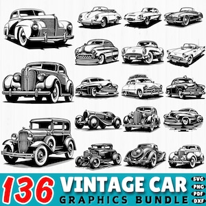136 Oldtimer SVG Bundle | Vintage Auto Clipart | Retro Auto DXF-Dateien für Cricut | Antike Fahrzeug Silhouette Schnittdateien | kommerzielle Nutzung