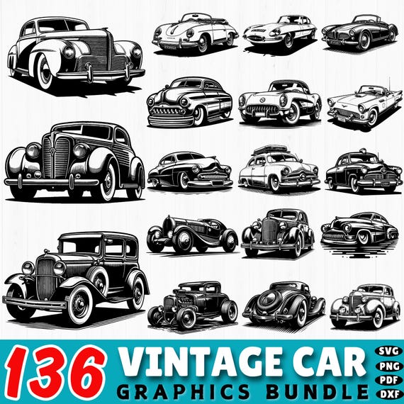 136 Classic Car SVG Bundle | Vintage Car Clipart | Retro Auto DXF Files for Cricut | Antique Vehicle Silhouette Cut Files | commercial use